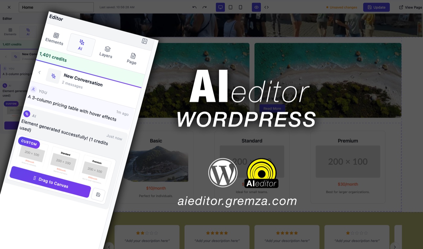 Paneli i AI Editor brenda WordPress, duke gjeneruar një tabelë çmimesh me tre kolona